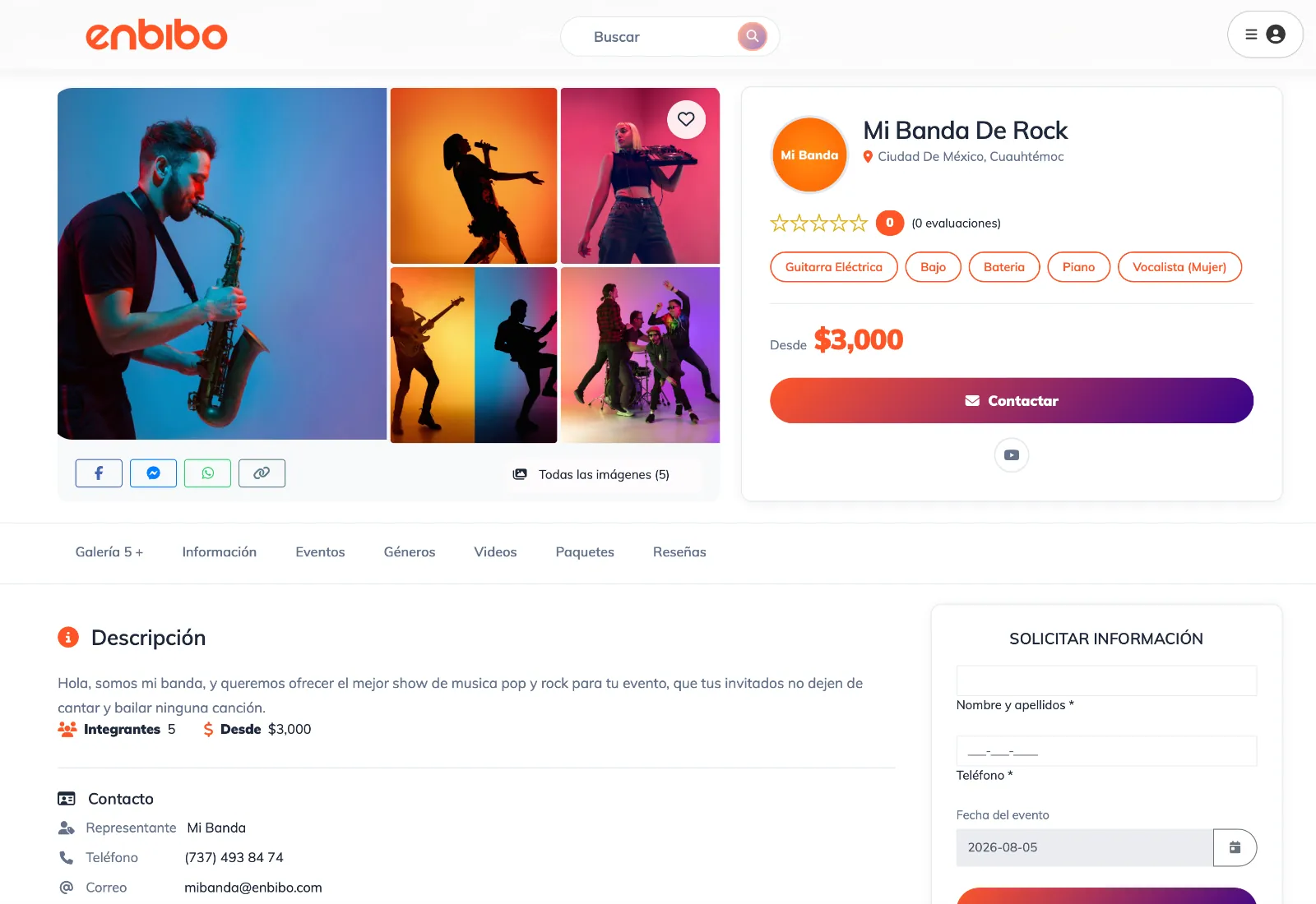 Página pública de un músico en Enbibo: galería, tarifas, botón de contacto, pestañas y formulario de solicitud
